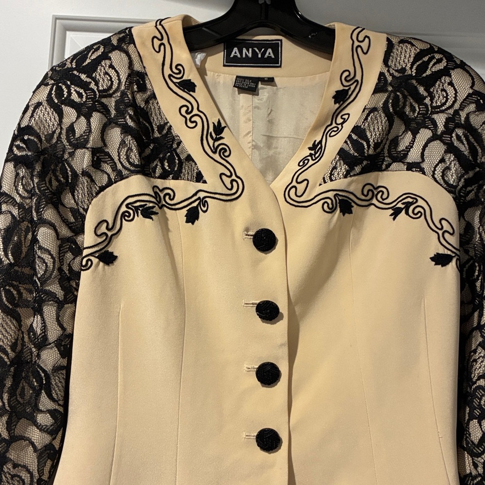 Designer Beige silk & Black Lace throughout Women's Jacket w/bejeweled buttons - Picture 2 of 4